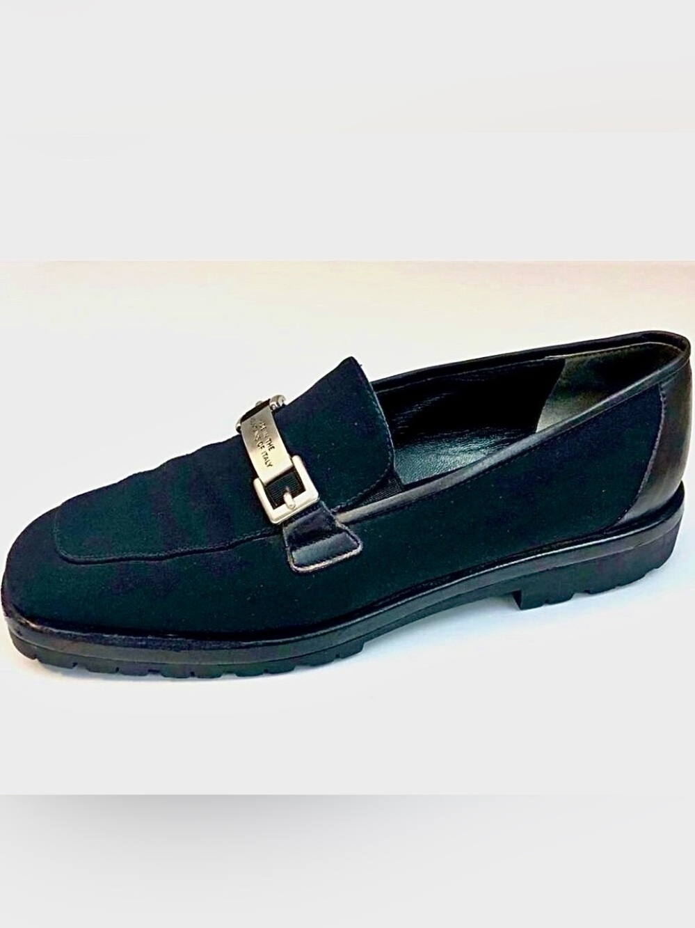 DONALD J PLINER Italy Y2K Inga Genegum Black Satin Loafer Silver Logo Buckle 7.5